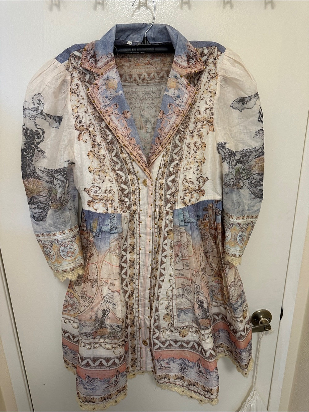 Printed Boho Longline Jacket in Cream, Blue & Pink Accents